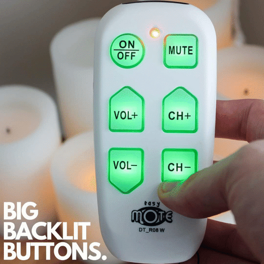 Big Button TV Remote - Easy-to-use remote control with large backlit buttons for seniors. Simplify TV viewing experience. Available now in Australia in White.