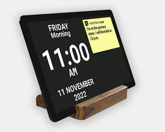 Idem Smart Clock on timber stand– dementia clock for seniors in Australia with large easy-to-read day and time display