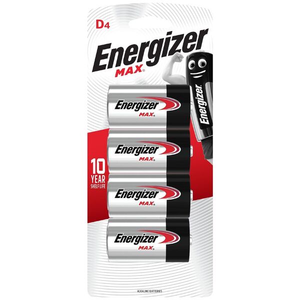 4-pack Energizer D-size batteries for high-drain devices.