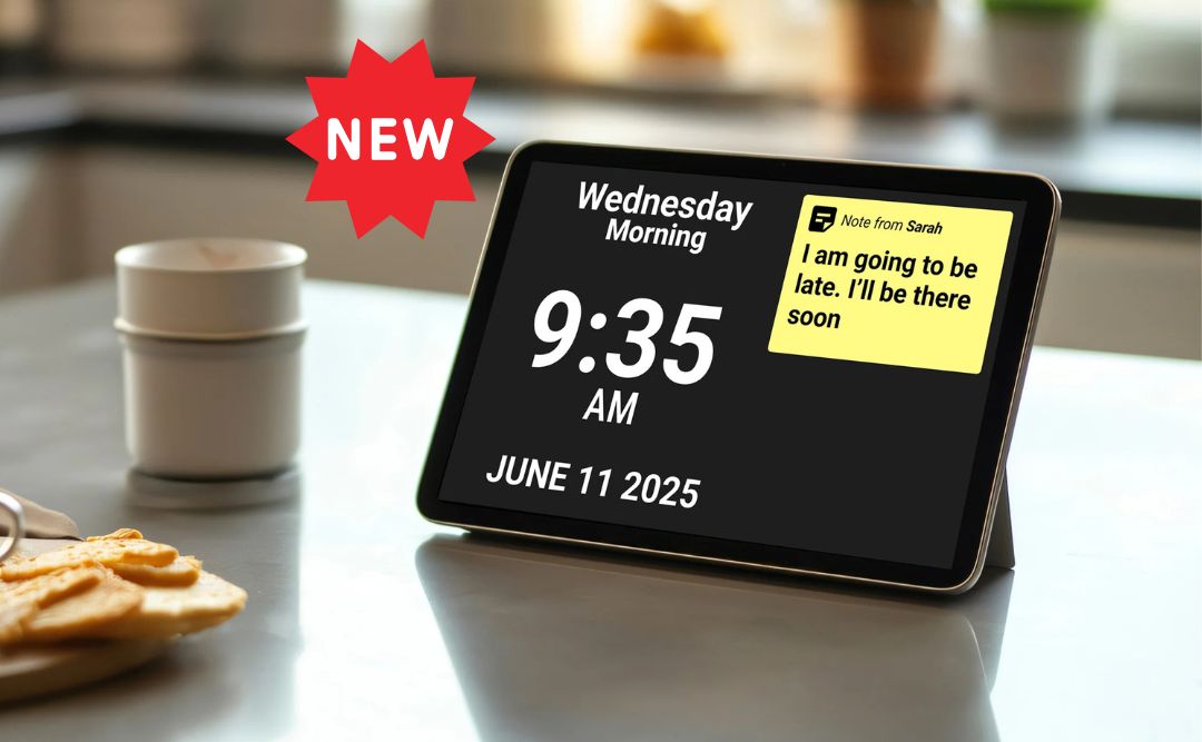 idem Smart Reminder Clock with large clear time and date display, dementia-friendly reminder note, multilingual support, ideal for seniors, dementia care and remote family carers in Australia.
