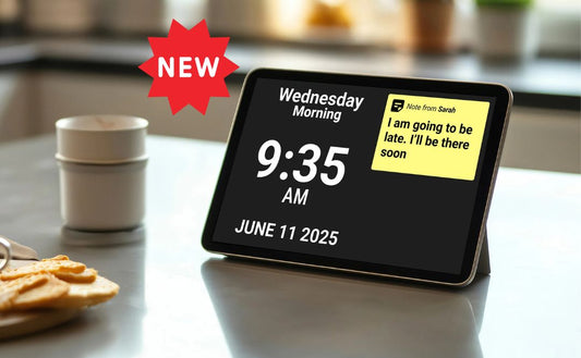 idem Smart Reminder Clock with large clear time and date display, dementia-friendly reminder note, multilingual support, ideal for seniors, dementia care and remote family carers in Australia.
