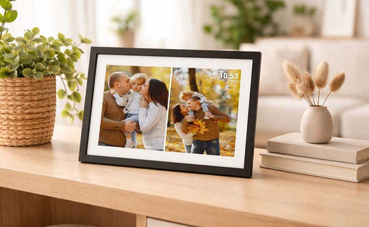 Digital photo frame showing a family photo collage.