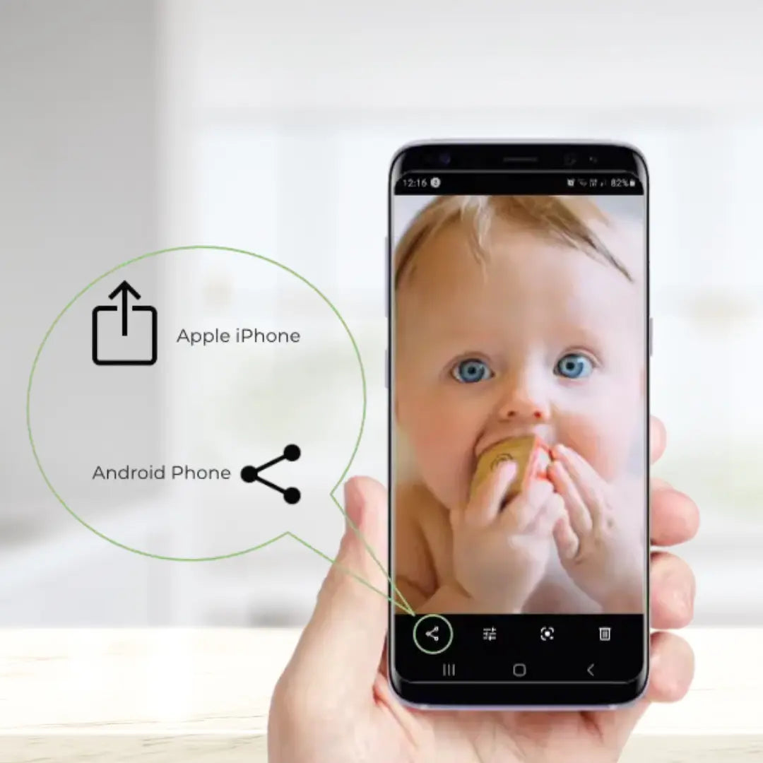 Frameo app sending a baby photo to a digital photo frame.