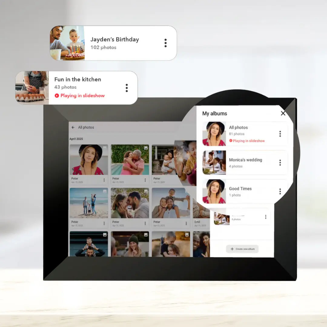 Frameo digital photo frame showing albums photo gallery and friend management options.
