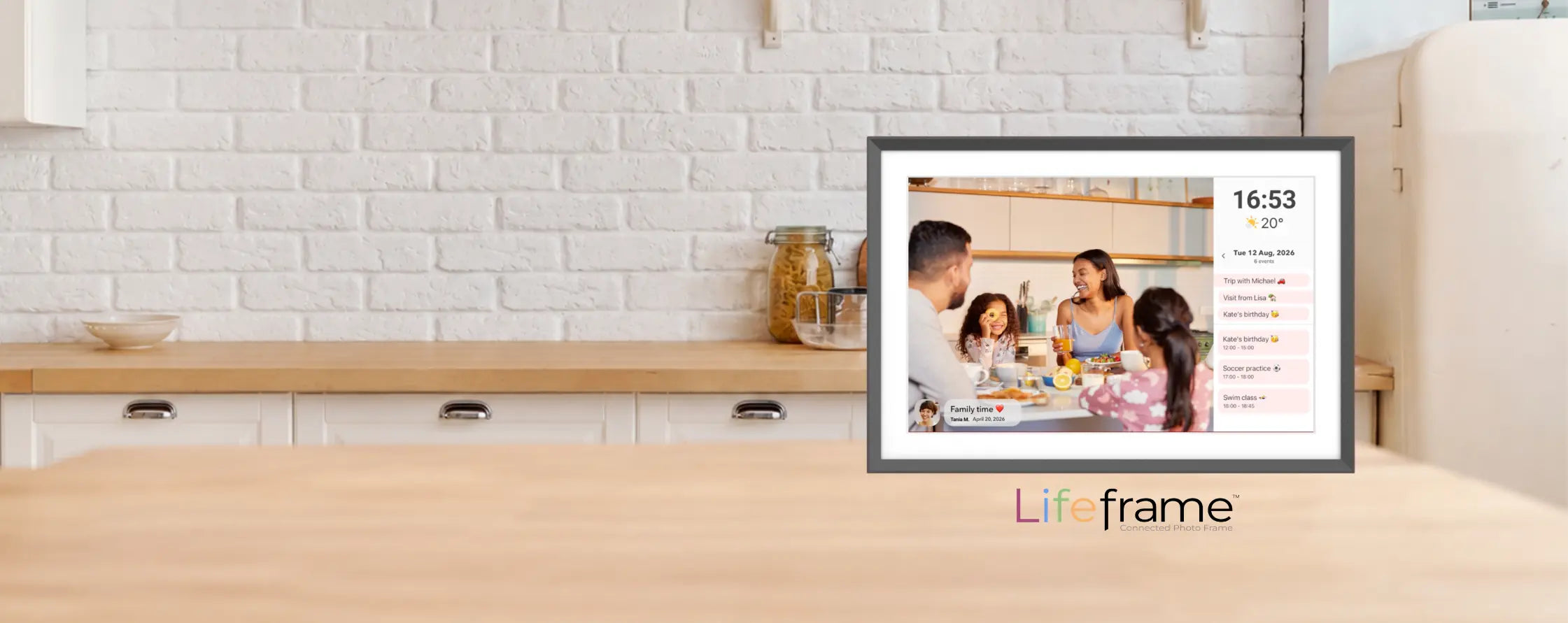 Lifeframe Frameo digital calendar and photo frame with family schedule and photo display.