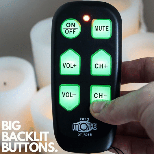 Big Button TV Remote - Easy-to-use remote control with large backlit buttons for seniors. Simplify TV viewing experience. Available now in Australia in Black.