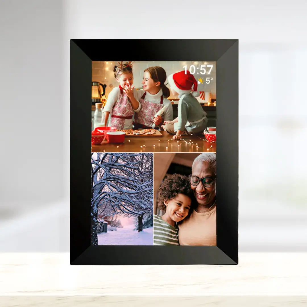 Lifeframe Frameo digital photo frame displaying Christmas family photos in collage mode with clock and weather on screen.