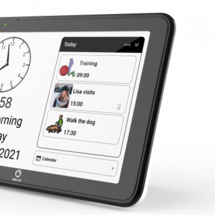Dementia clock with talking reminders and day plan.