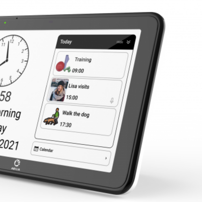 Dementia clock with talking reminders and day plan.