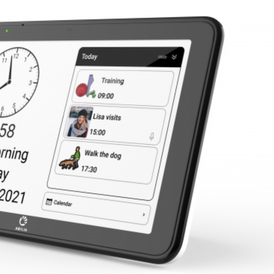 Dementia clock with talking reminders and day plan.