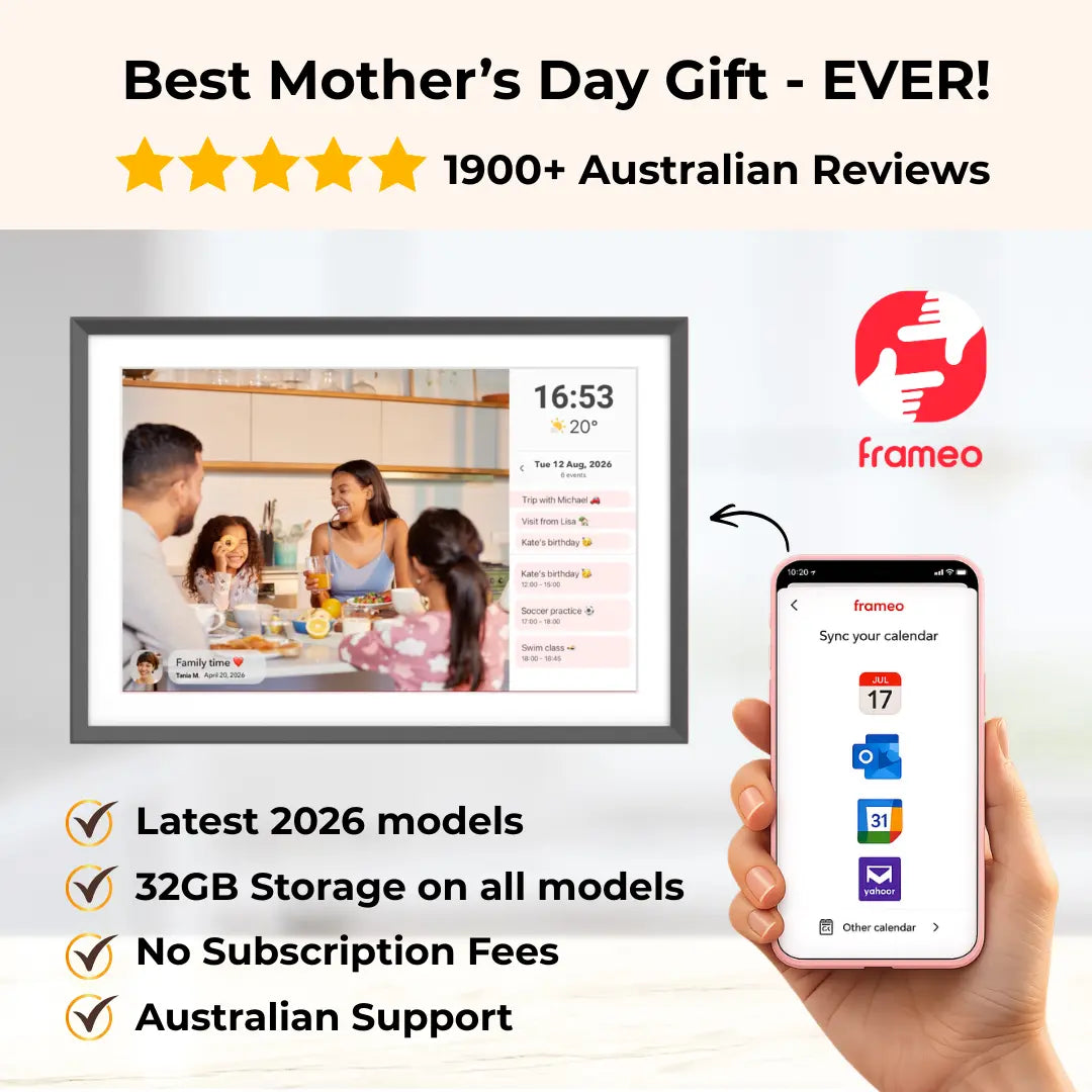 Lifeframe digital calendar showing family photos and calendar syncing through the Frameo app, promoted as a Mother’s Day gift in Australia.