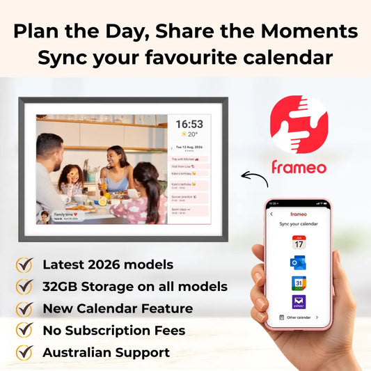 Lifeframe Frameo digital photo frame with calendar sync in Australia for sharing photos and planning family schedules.