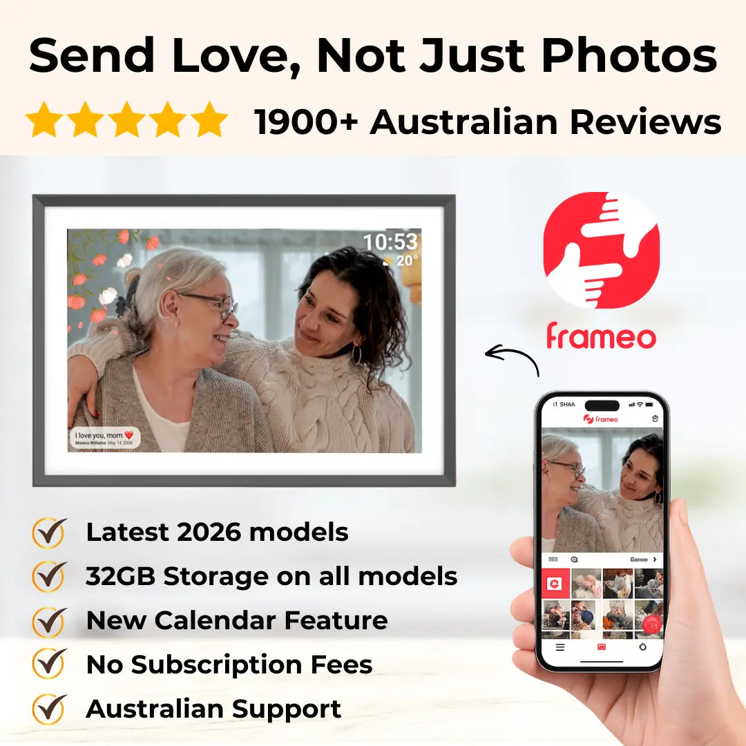 Lifeframe Frameo digital photo frame for sharing family photos in Australia with 32GB storage and no subscription fees.