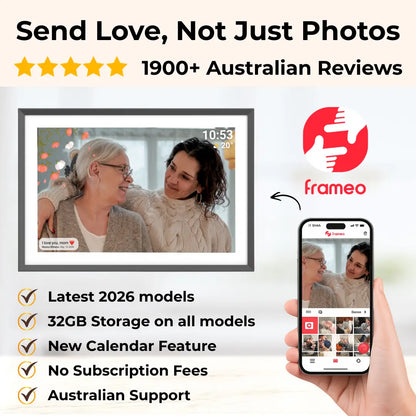 Lifeframe Frameo digital photo frame for sharing family photos in Australia with 32GB storage and no subscription fees.