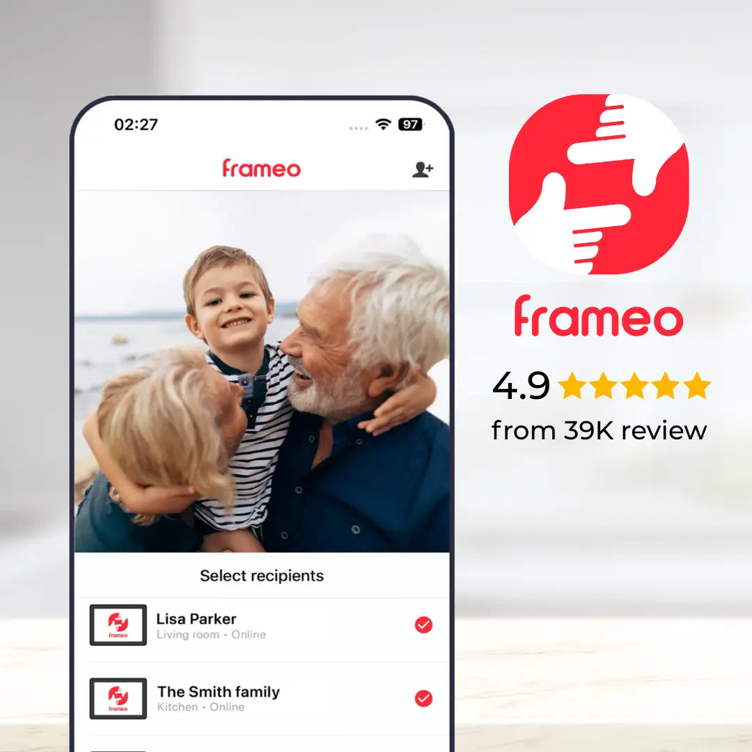 Frameo app on a smartphone showing family photo sharing to digital photo frames, with Frameo logo and 4.9 star rating from 39K reviews.
