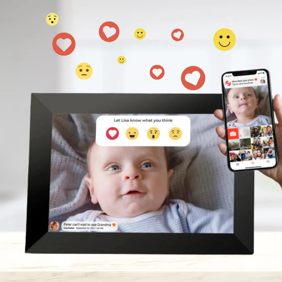 Frameo digital photo frame with reaction features that you can send emoji back to the senders.