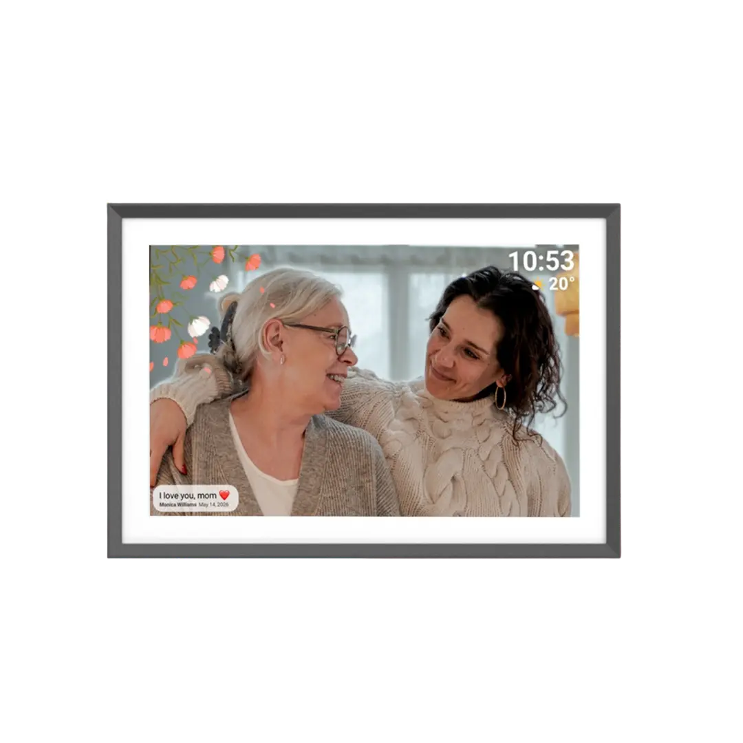 Digital photo frame showing daughter and mother in Mother's Day with family members.