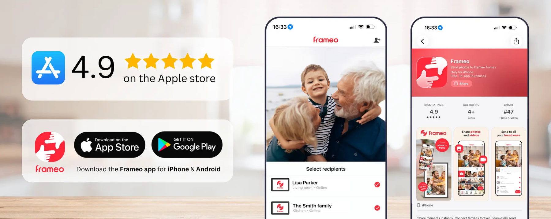 Frameo app available for iPhone and Android, with a 4.9-star App Store rating.