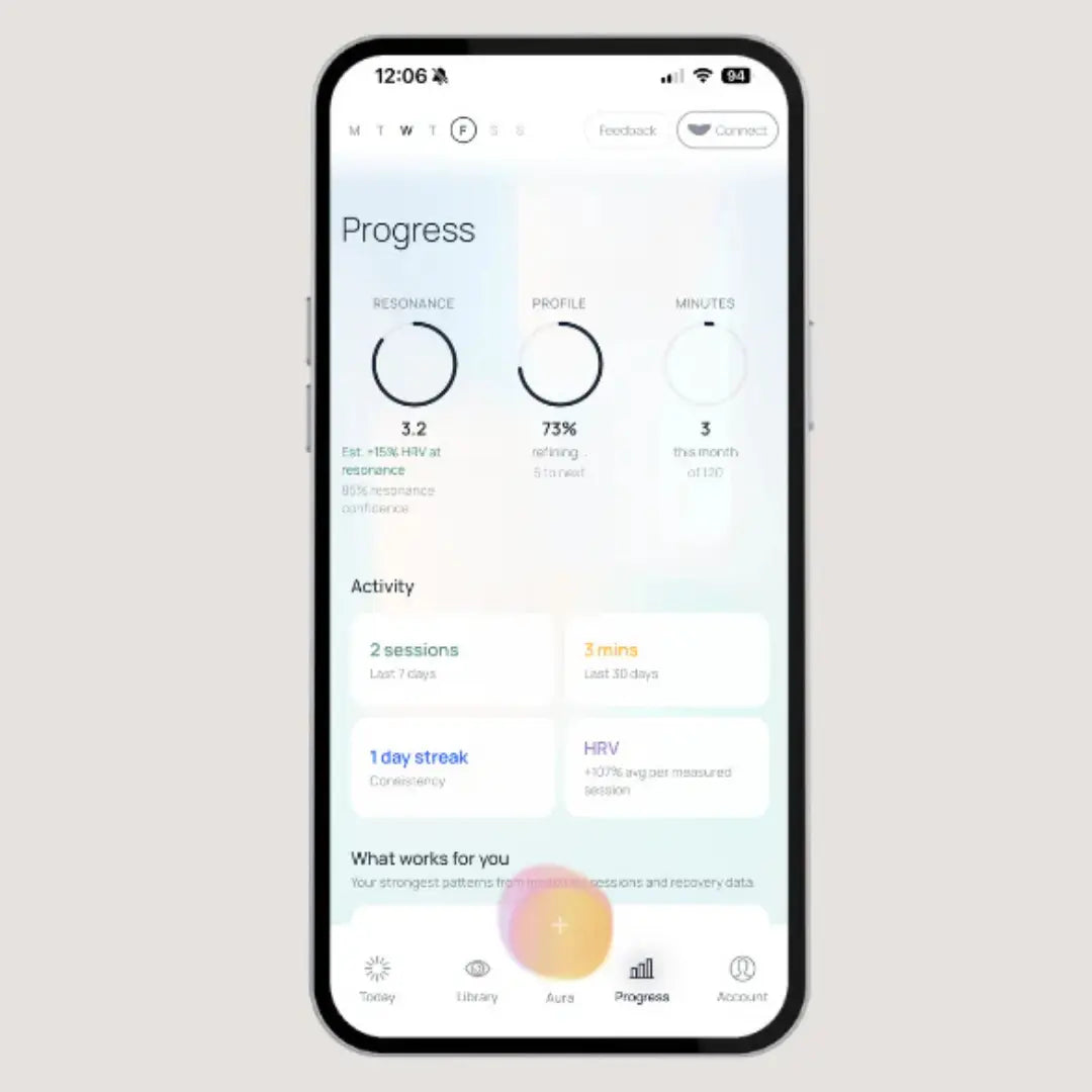 Moonbird app progress screen showing breathing session biofeedback and activity insights.