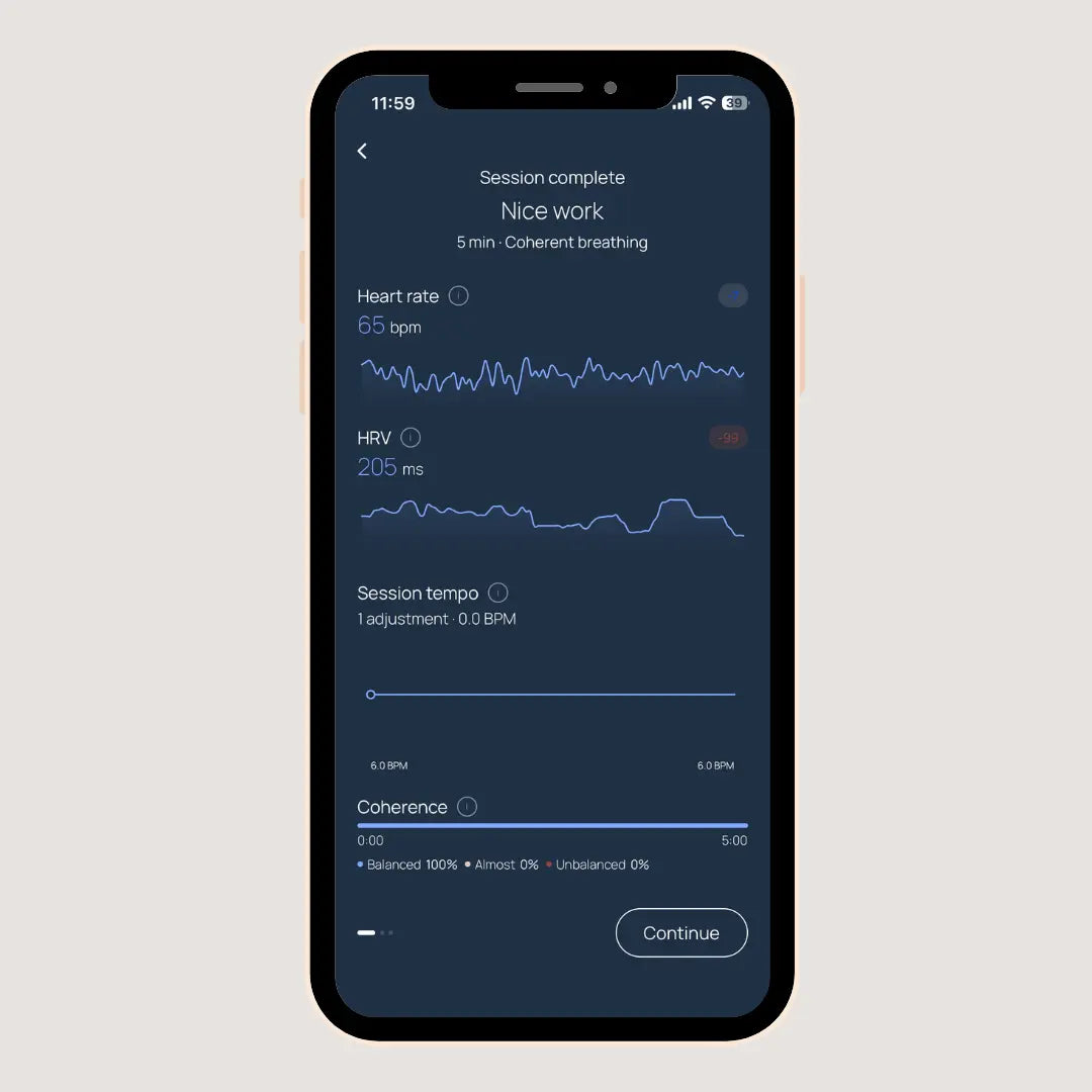 Moonbird app insights screen showing heart rate, HRV and breathing session feedback after a completed session.