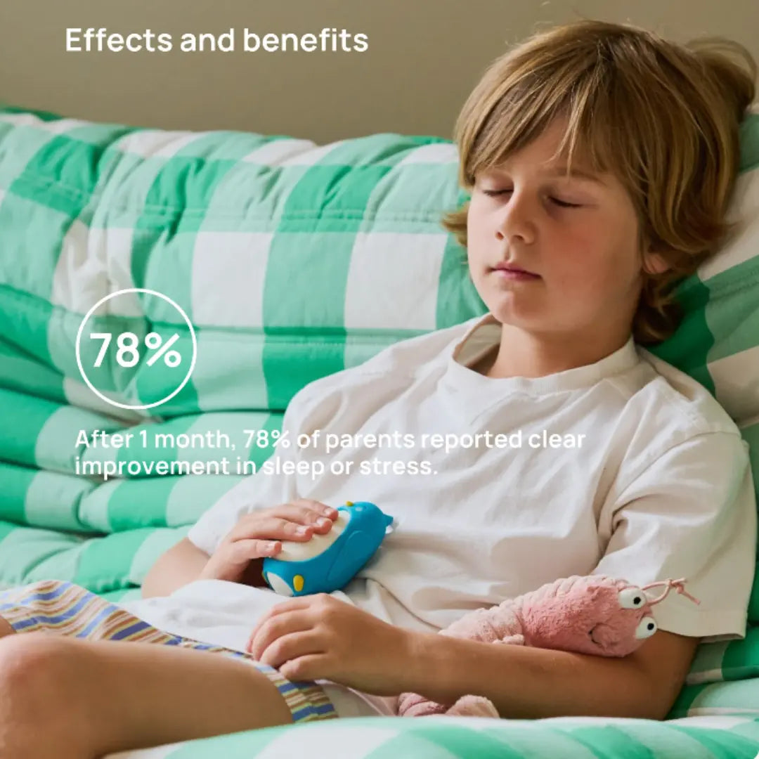 Moonbuddy breathing aid for kids shown as a natural relaxation tool for better sleep and stress support.