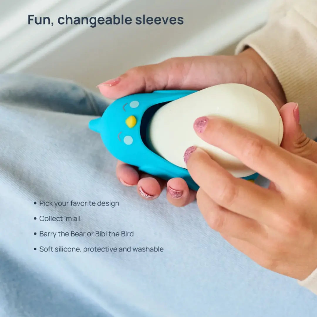 Moonbuddy calming device with soft silicone washable sleeves for children.