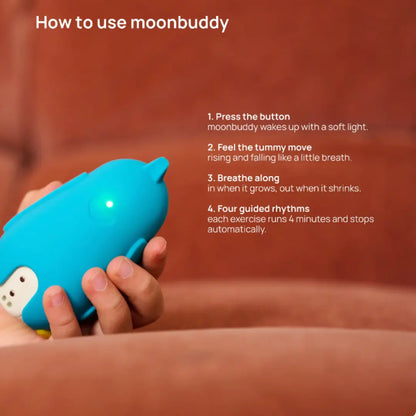 Moonbuddy calming device showing how children breathe along with soft light and gentle movement.
