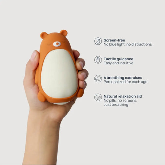 Moonbuddy screen-free breathing aid for kids with tactile guidance and four calming breathing exercises.