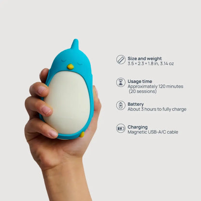 Moonbuddy children’s breathing device showing size, battery life, usage time and magnetic charging cable.