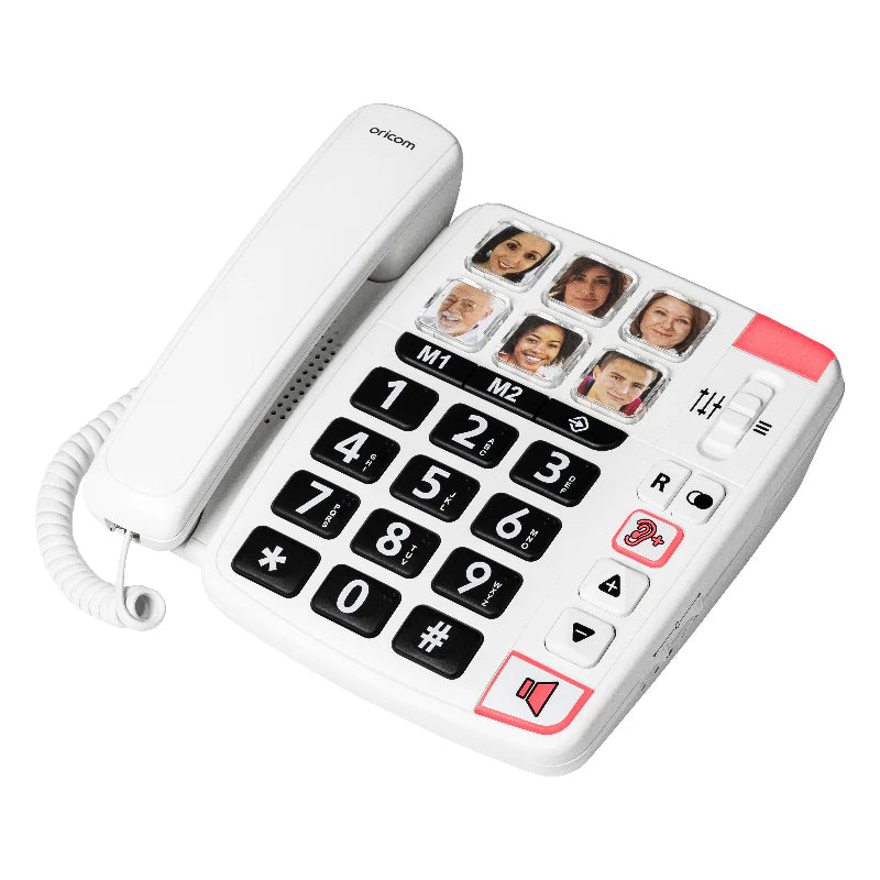 Angled side view of an Oricom corded amplified phone for seniors resting on a surface, highlighting the high-contrast buttons and red visual ring indicator.