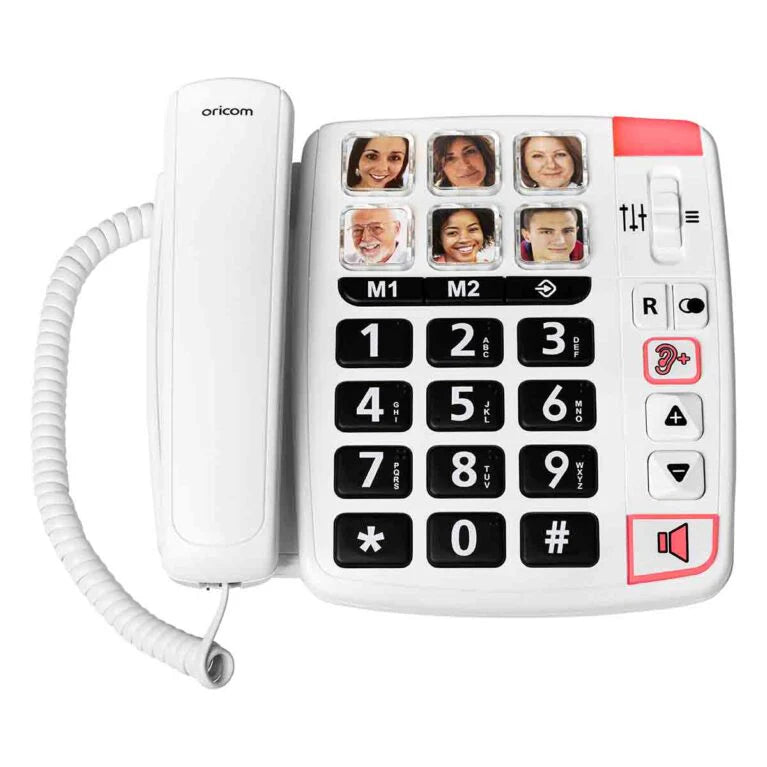 Front view of the Oricom CARE80S white big button home phone for seniors, featuring an amplified speaker button and easy-to-read numbers.