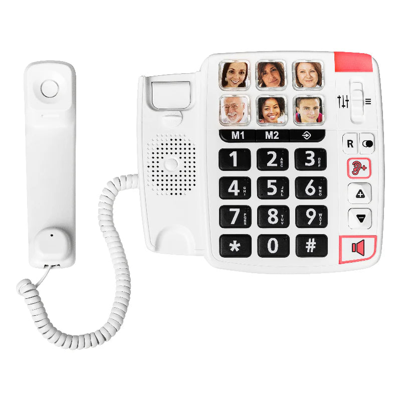 White Oricom seniors home phone with the corded handset off the base, displaying a large black keypad and six picture phone memory buttons.