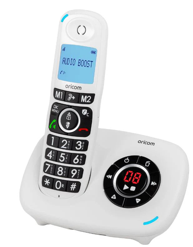 Angled side view of an Oricom amplified cordless home phone for seniors, highlighting the large dialing keypad and easy-to-read blue backlit screen.