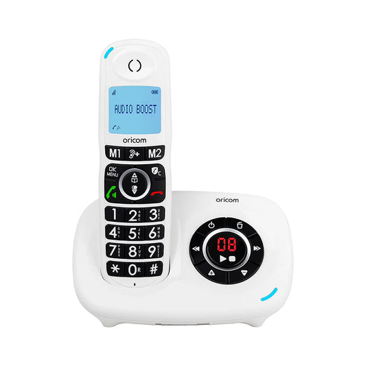 Front view of the Oricom CARE820 white big button cordless phone for seniors resting on its base, featuring a built-in answering machine.