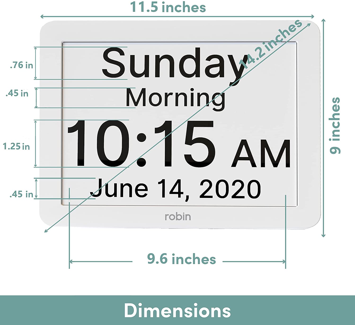 Dementia Clock with dimensions for 8" display.