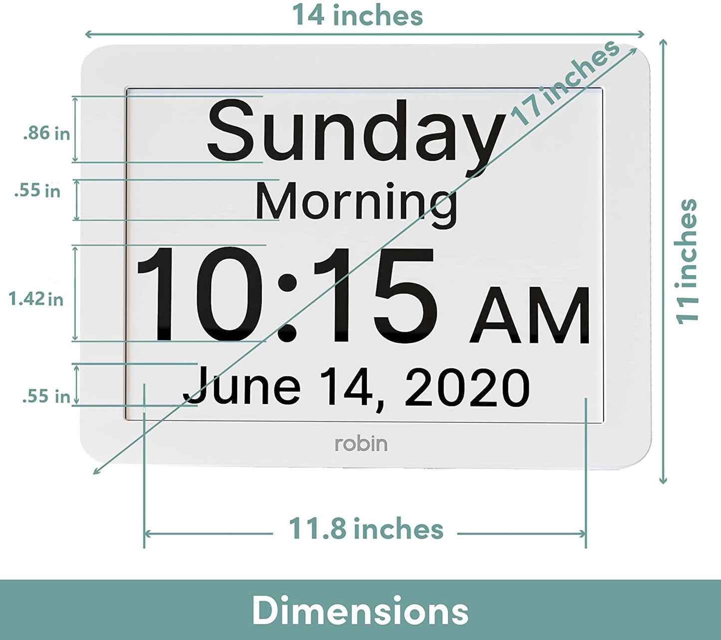 Dementia clock with dimensions for 12" display.