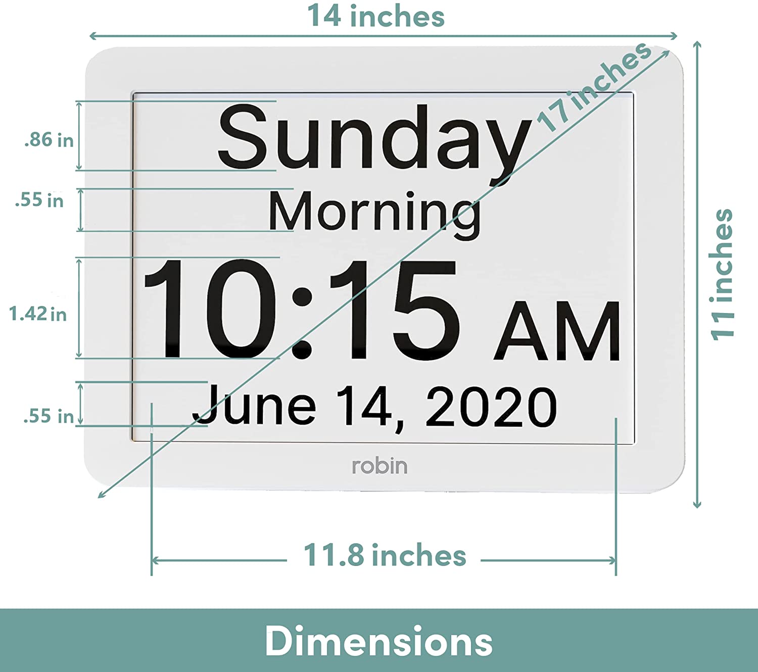 Dementia clock with dimensions for 12" display.