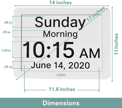 Dementia clock with dimensions for 12" display.